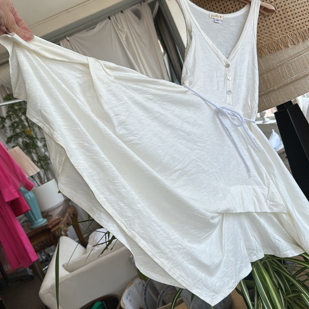 Full circle Asymmetrical Summer Dress New Off White color Natural fabric V front - Picture 6 of 12
